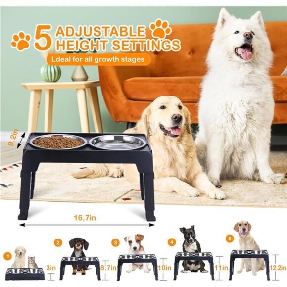 Elevated Dog Bowls, Raised Dog Bowl with 2 Stainless Steel Dog Food Bowls - Picture 2 of 16